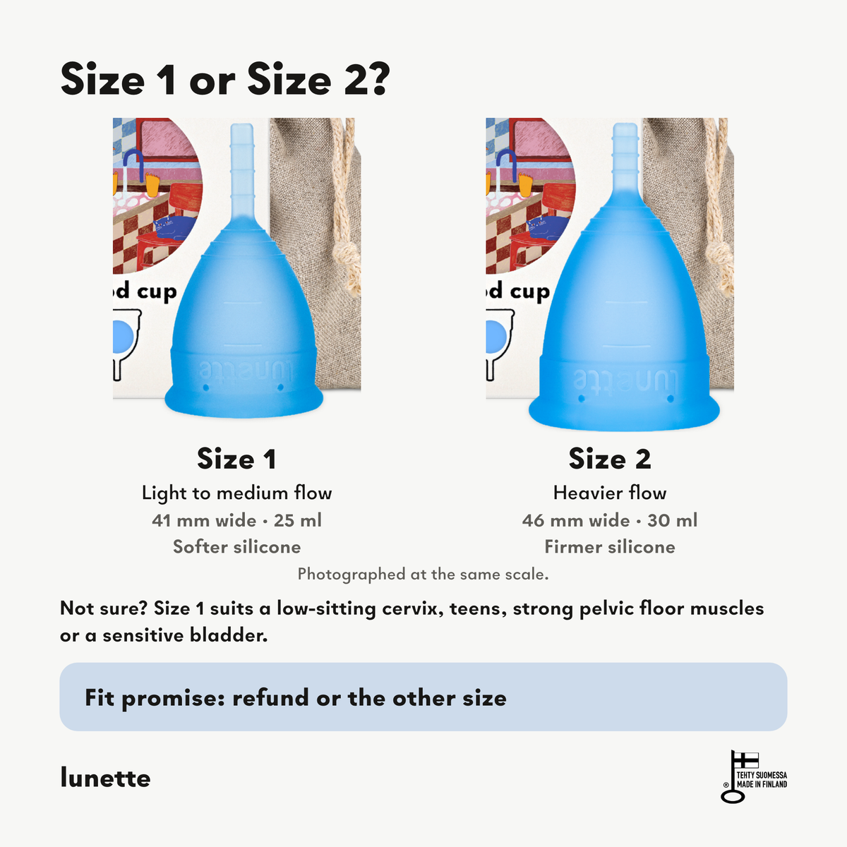 Lunette menstrual cup Size 1 and Size 2 photographed at the same scale, with width, capacity and firmness
